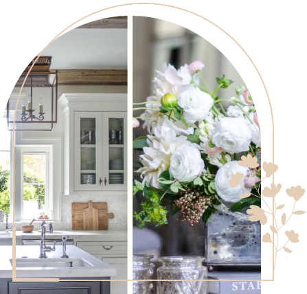 A kitchen with a vase of flowers in the middle