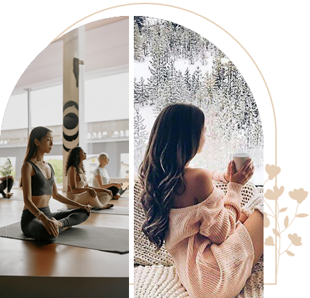 A collage of people sitting in yoga positions and holding baby.